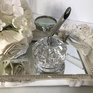 Vintage Waterford crystal faceted paperweight pen holder with silver toned metal accent, Vintage Waterford pen holder paperweight
