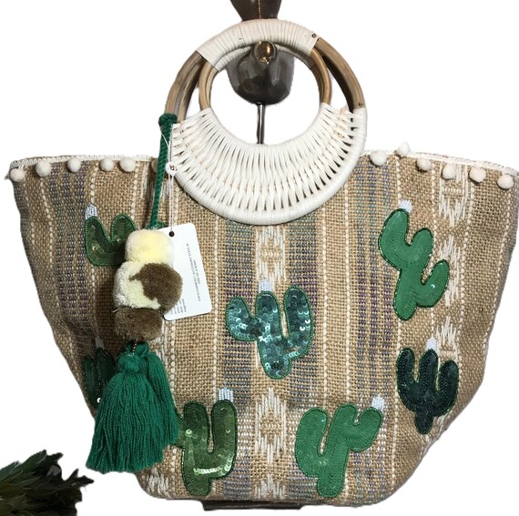 Large burlap beach bag vacation tote, burlap and sequin cactus tote with pom pom trim and large tassel, whimsical straw look tote beach bag