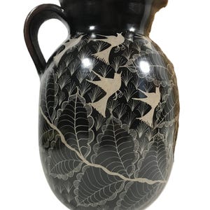 Vintage Huancito Michoacan signed ceramic pitcher, Large Mexico Huancito Jesus, Michoacan Espicio black bird floral ceramic pitcher jug
