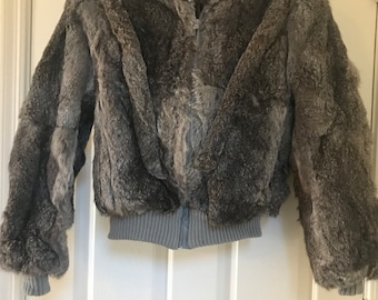 Vintage Rosenbach&#39;s cropped rabbit fur jacket, Size M, Vintage Rosenbach&#39;s fur bomber style cropped grey/brown jacket, Vintage fur jacket