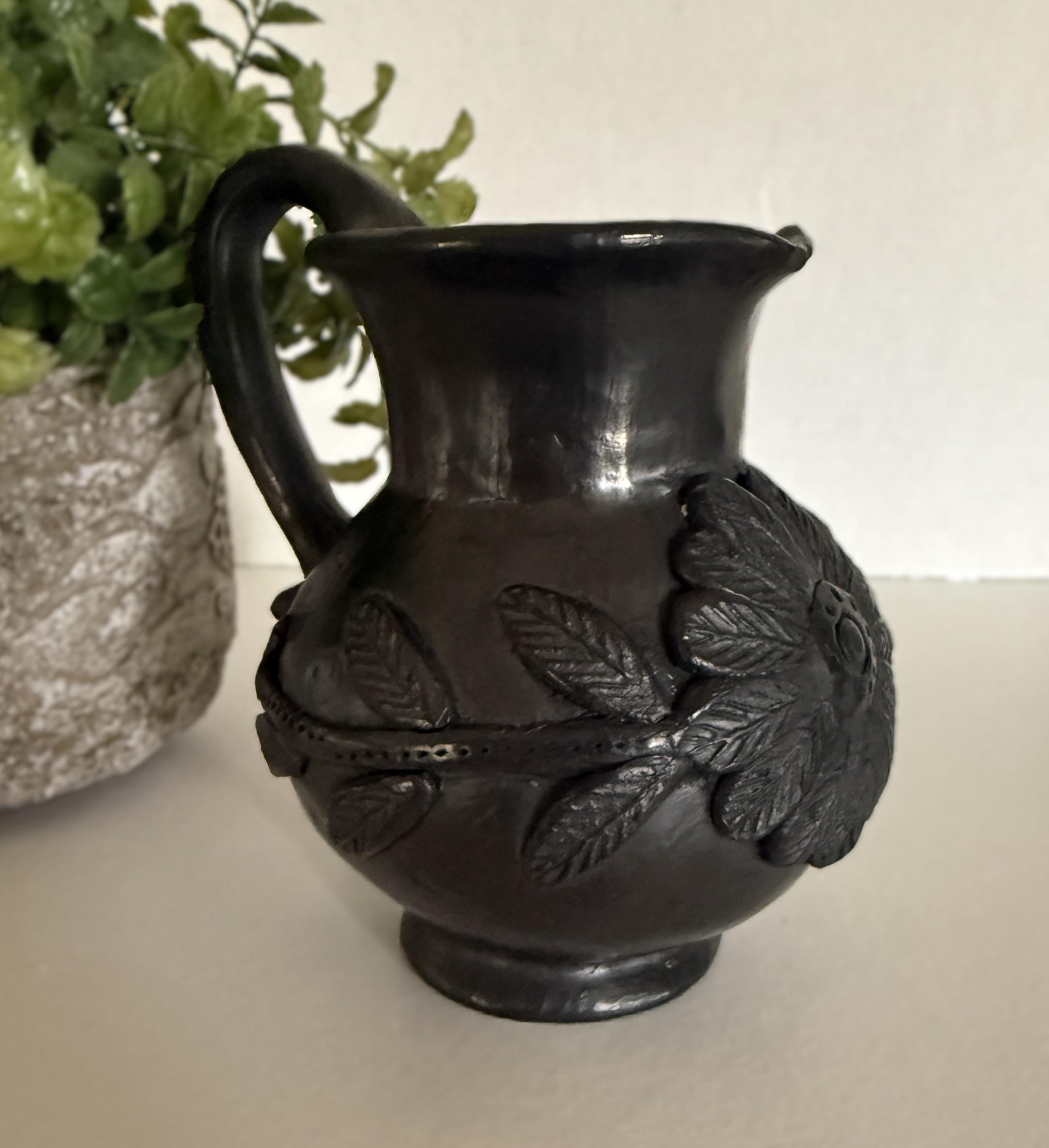 Vintage Dona Rosa Oaxacan Black Pottery Pitcher, Mexican Folk Art
