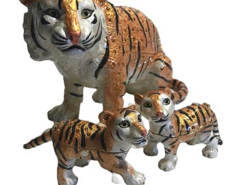 Rucinni Jeweled Tiger Trinket Box Set, Swarovski Crystal Enamel Tiger with Two Cub Boxes, Large 9" Tiger Figurine Trio