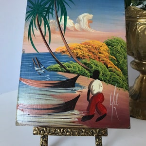 Vintage 50s original signed small 6x8 tropical painting on board, Vintage original small painting of tropical beach tourist scene.