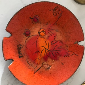Vintage Sascha Brastoff mid century orange enamel ashtray, Vintage Sascha MCM orange enamel ashtray, Vintage vibrant orange mod ashtray