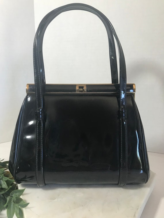 Vintage 1950s L & M black patent leather handbag, 