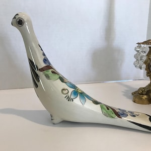 Vintage colorful modern designed ceramic hand painted bird, Mexican art pottery floral hand painted bird, Mexico Tonala ceramic pottery bird