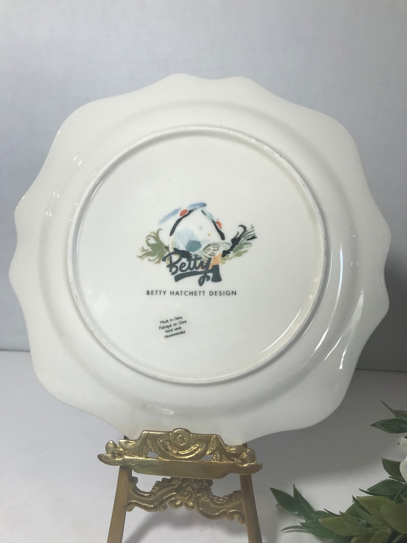 Anthropologie Betty Hatchett plate, Anthropologie blue wavy edge crane watercolor plate, Anthropologie bird crane whimsical plate image 11