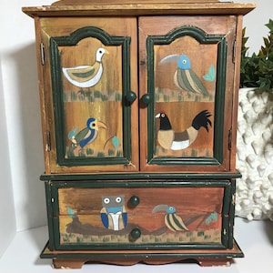 Vintage rustic hand painted wood small storage cabinet, Wooden decorative storage cupboard, Rustic hand painted wood mini armoire