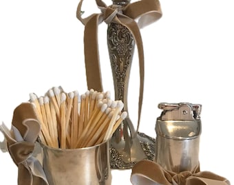 Vintage silver plate candle holder set, Vintage silverplate candle holder, lighter and match holder, Vintage silver plate home decor