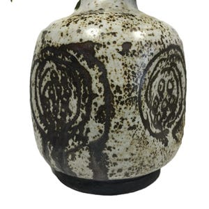 Vintage Carlson stoneware art pottery vase signed, carlson matte glazed stoneware pinched vase, Vtg Carlson ceramic spotted abstract vase.