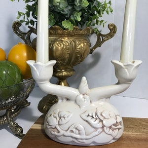 Vintage 1950s Red Wing pottery vintage white ceramic double arm elegant candleholder, Vintage 1950s shabby chic Red Wing candleholder