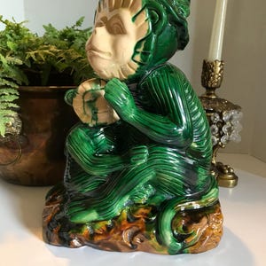 Vintage green majolica monkey statue, Vintage glazed ceramic green monkey and baby, Vintage Hollywood Regency monkey statue, monkey decor