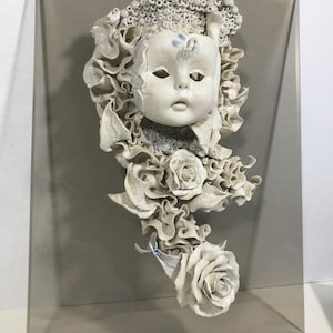 Vintage ceramic wall art, Vintage signed wall sculpture, unique Genald Gedekes 1989 wall art mask, Gedekes original signed mounted sculpture