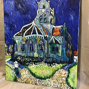 May include: A painting of a church with a tall steeple and a blue sky with swirling clouds. The church is painted in a style reminiscent of Vincent van Gogh, with thick brushstrokes and bright colors.