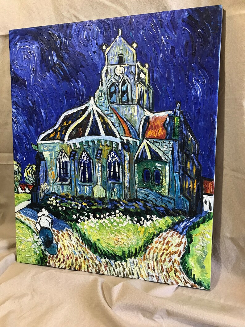 May include: A painting of a church with a tall steeple and a blue sky with swirling clouds. The church is painted in a style reminiscent of Vincent van Gogh, with thick brushstrokes and bright colors.