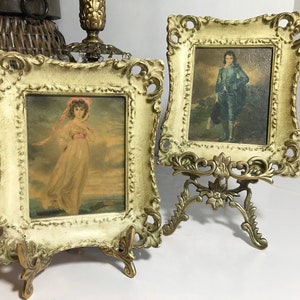 Vintage Victorian style wall decor, 1950s petite portrait art in ornate syroco wood frames, Victorian style portraits, Gallery wall decor