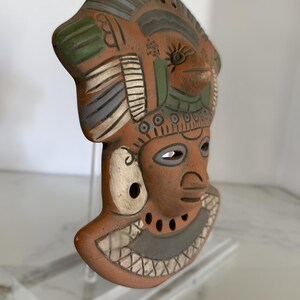 Vintage terracotta wall mask, hand-painted red clay pottery face, artisan Mexico wall decor in Mayan-style design image 11