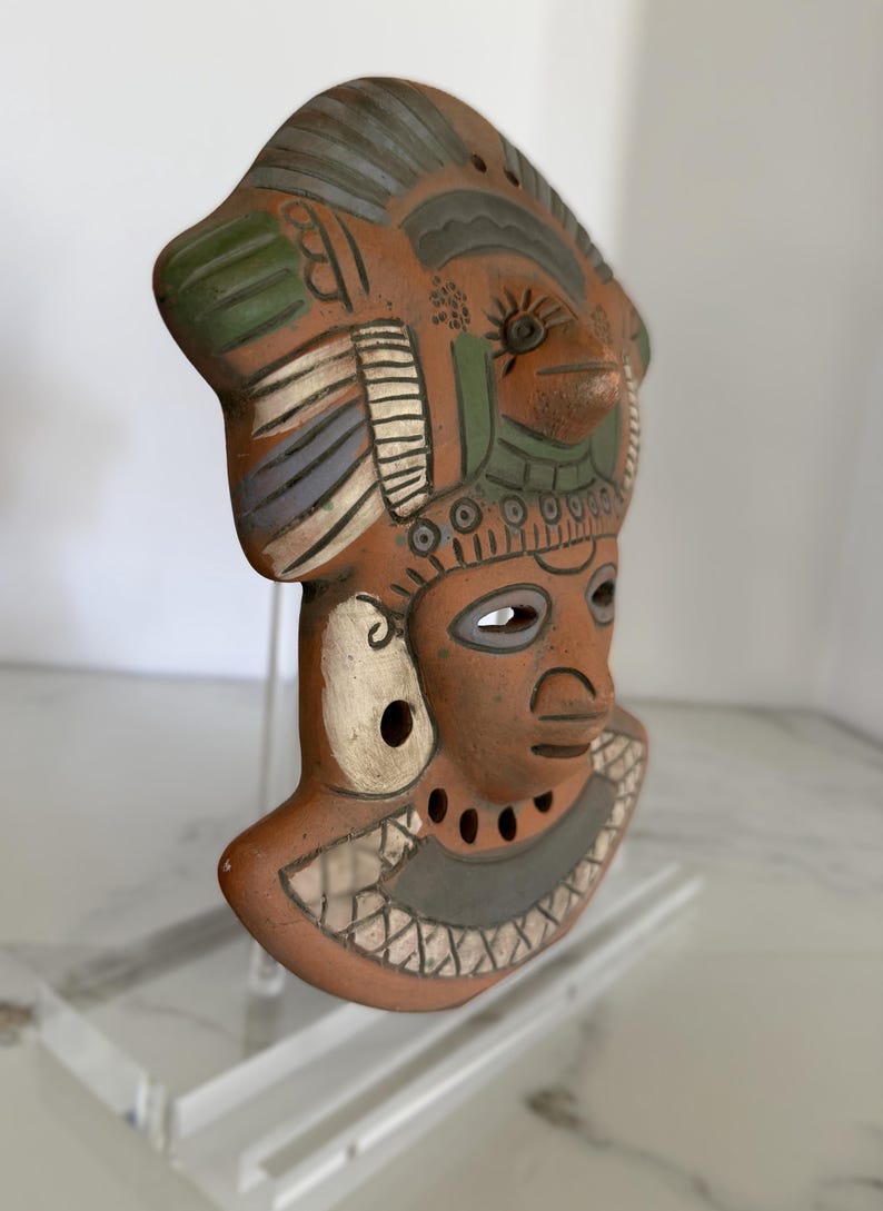 Vintage terracotta wall mask, hand-painted red clay pottery face, artisan Mexico wall decor in Mayan-style design image 11