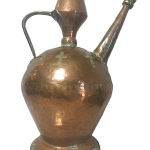 Hervidor de cobre primitivo vintage, jarra de cobre envejecida vintage, tetera grande de cobre única con detalles estampados a mano, jarra de cobre antigua