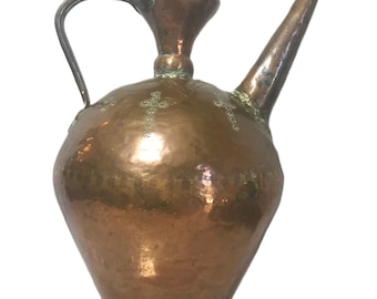 Vintage primitive copper kettle, Vtg distressed copper pitcher, unique large copper teapot with hand stamped detail, Antique copper pitcher
