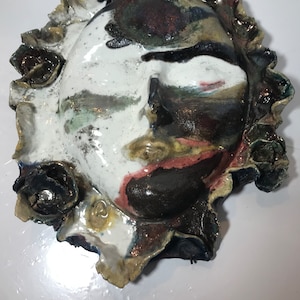 Vintage ceramic face sculpture wall hanging, 3-dimensional studio pottery face wall art, signed, ceramic glazed unique sculpture wall art