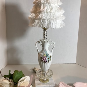 Vintage White Porcelain Floral Nightlight – Urn Style with Marble Base & Fringed Shade