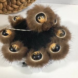 Unique pin cushion, fun Blanket Toss fur people pin cushion, hand painted fun pin cushion with mink fur head pieces, made in Alaska