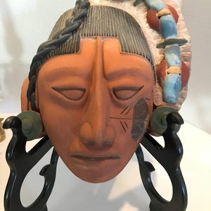 Vintage Mexico terracotta Aztec reproduction mask, terracotta Aztec hand painted pottery wall mask, Vintage red clay pottery mask wall decor