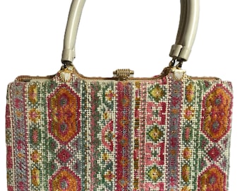 Bolso de mano vintage estilo años 50 con diseño colorido tipo alfombra, bolso de mano único de terciopelo con vibrantes colores de los años 50, bolso de mano vintage de terciopelo estilo alfombra