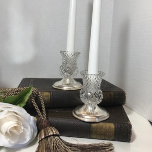 Vintage pressed glass and silver plate candle holders, Vintage glass and silver taper candle holders, elegant glass candle holders set of 2