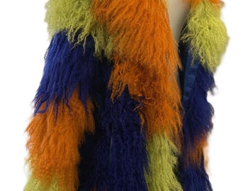 AKIRA 100% Lamb Fur Colorblock Coat 1X, Statement Mongolian Lamb