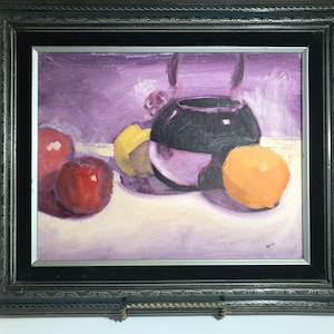 Vintage signed original still life fruit painting, Vintage original art still life oil painting signed by the artist