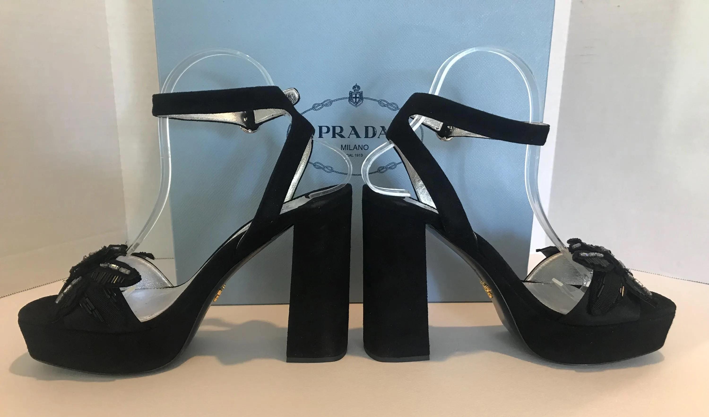 靴 Prada Suede Leather Heels Prada Suede Embellished Platform Shoes, Size 39.5 (9.5 US), Prada