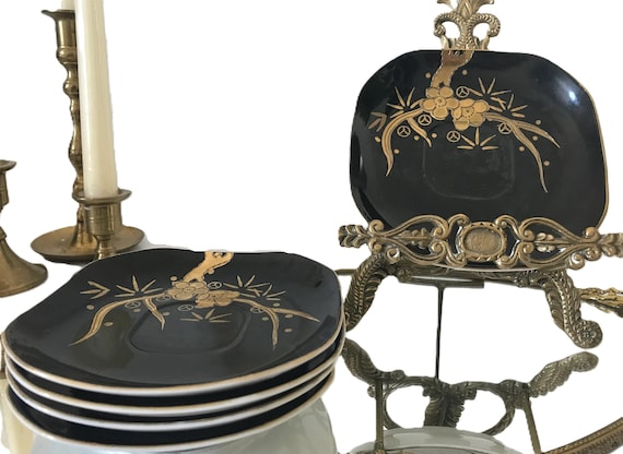 Vintage Schwarz-Gold Blumenmuster Craftsman China 7 "Teller (5 Teller im  Set), Schwarz-Gold Blume Bambus Craftsman China 7 "Teller - Etsy sterreich