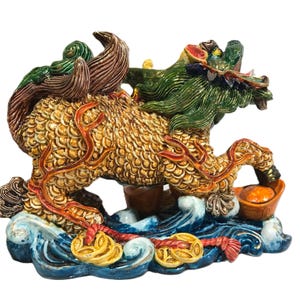 Vintage dragon figurine sculpture, Chinese dragon sculpture, colorful Imperial Dragon figurine, Asian foo dog dragon decorative shelf sitter