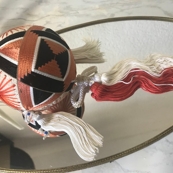 Vintage Japanese Temari yarn hand ball, Vintage orange, black and white Japanese temari ball decor, Vintage Asian Temari yarn hand ball