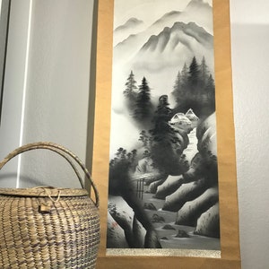 Vintage Chinese scroll art, Vtg Asian scroll painting on paper, Chinoiserie style scroll art, black and white hand painted scroll wall decor