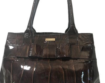 Kate Spade brown purse, Kate Spade patent leather faux croc brown tote handbag, Kate Spade brown bow tote purse, Kate Spade handbag purse