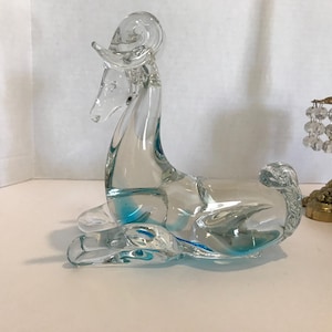 Vintage Murano glass clear and blue glass ram figurine sculpture, Murano glass resting ram statue, elegant clear and blue glass ram statue