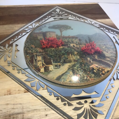 Vintage Antique Art Deco 3 dimensional convex glass art on mirrors, Vintage shops art deco mirror art with convex glass dried flower art