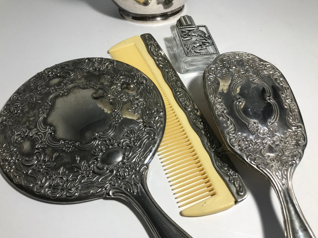 Vintage Silver Plate Vanity Set, Vintage Silver Mirror, Vintage Vanity