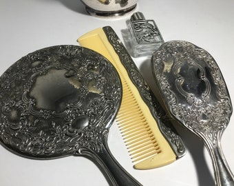 Vintage Silver Plate Vanity Set, Vintage silver mirror, Vintage vanity brush, comb and perfume bottle, Vintage Hollywood Regency vanity set