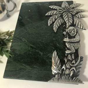 Vintage green marble and silver cheeseboard, green marble whimsical monkey tray, Elegant silver monkey palm tree marble charcuterie tray
