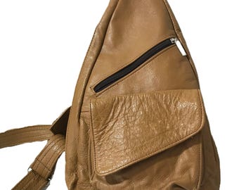 Vintage 1970s sling bag, Vintage 70s leather pouch crossbody, 70s tan leather backpack, Vintage leather crossbody bag, vintage 70s purse