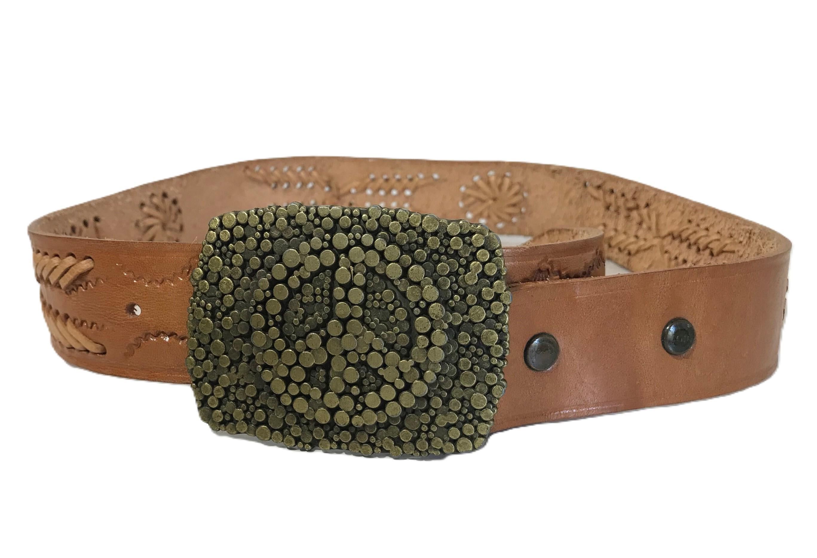 Vintage Hippie Peace Sign Hand Tooled Leather Belt Sz 36 Buckle with Patina Artisan Handcrafted Hand Tooled Peace Sign Leather Belt  main image 2