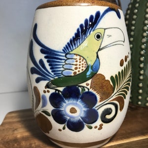 Tonala art pottery large mug cup signed, Mexican Tonala pottery Parrot glazed hand painted, Signed Tonala art pottery Parrot floral mug