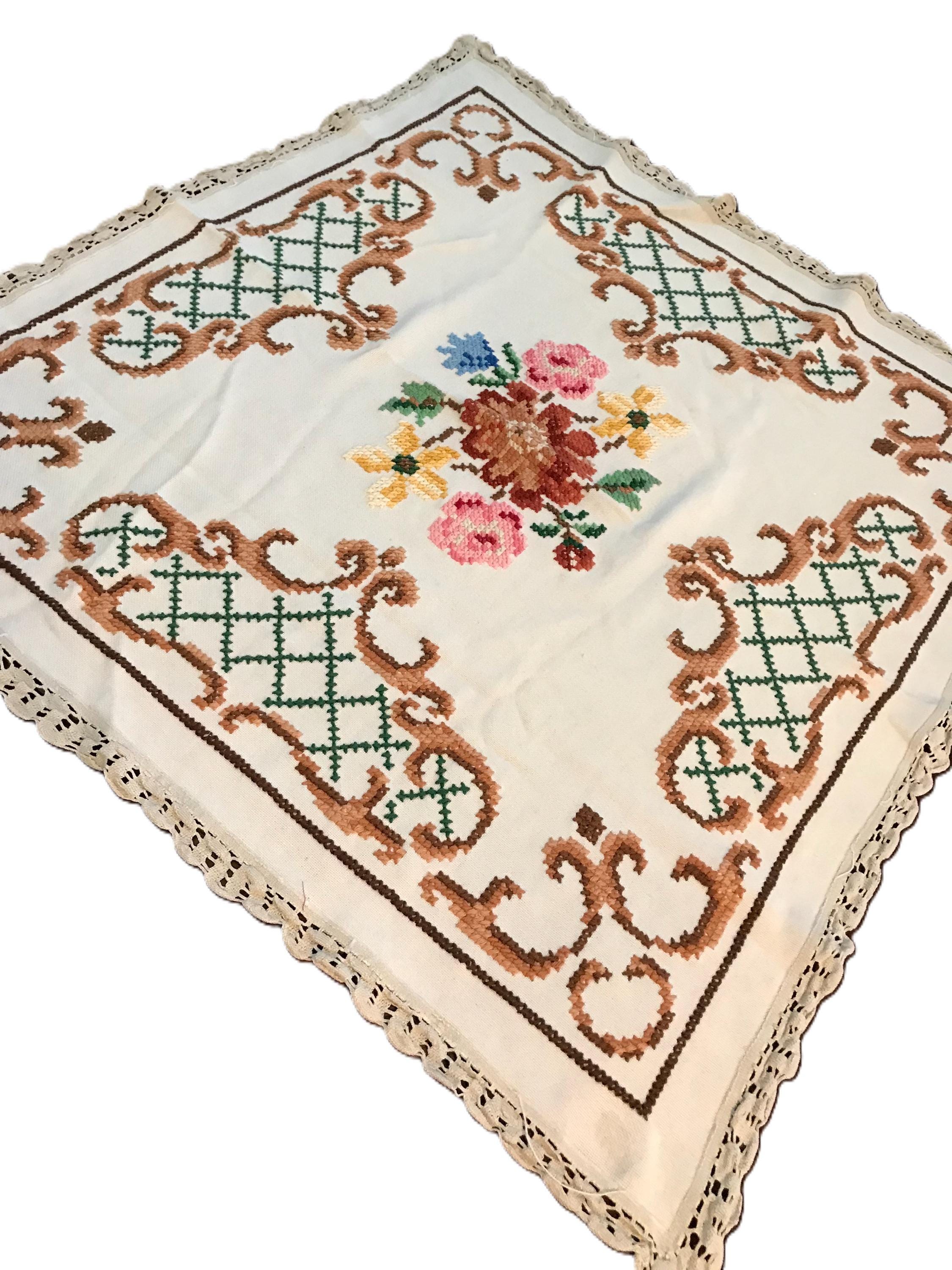 ヴィンテージホワイト刺繍クロスステッチハンドメイドテーブルクロス