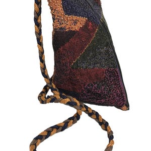 Vintage tapestry beaded fabric triangle ethnic tribal print handbag purse with braided fabric straps, patchwork tapestry triangle purse bag