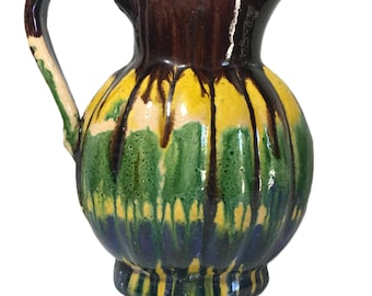 Colorful Vintage Drip Glaze Pottery Pitcher Vase | Handcrafted Boho Ceramic Jug | Retro Studio Art Pottery Decor
