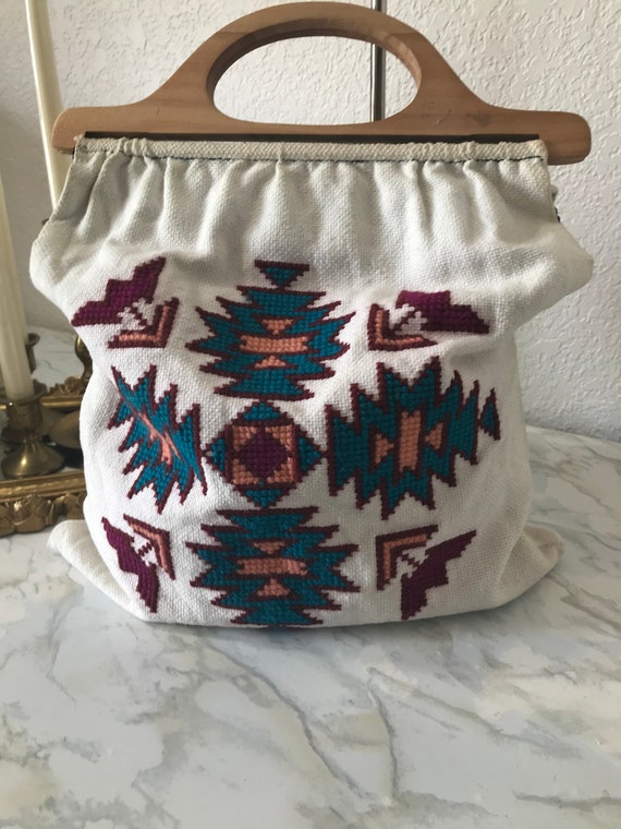 Vintage 70s purse, 70s cotton wood embroidery pur… - image 2